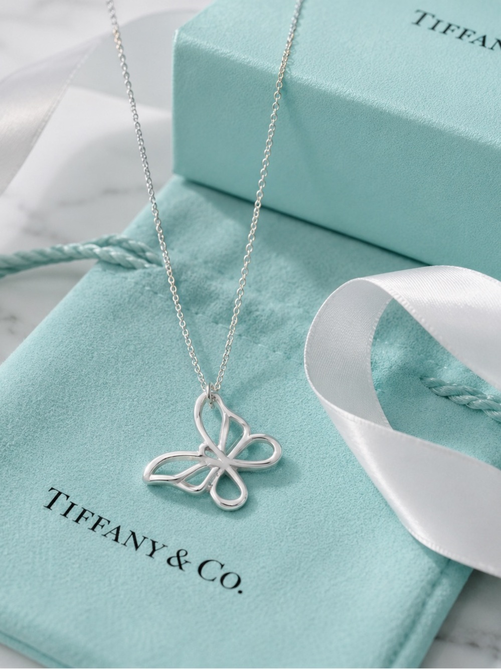 Authenticated Tiffany & Co Sterling Silver Butterfly Pendant Necklace 16”